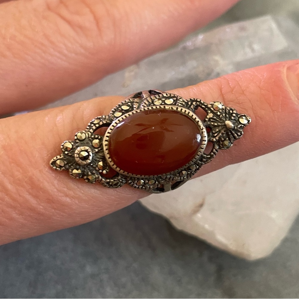 SOLD Carnelian Marcasite Sterling Ring 5.5 - Picture 7 of 9